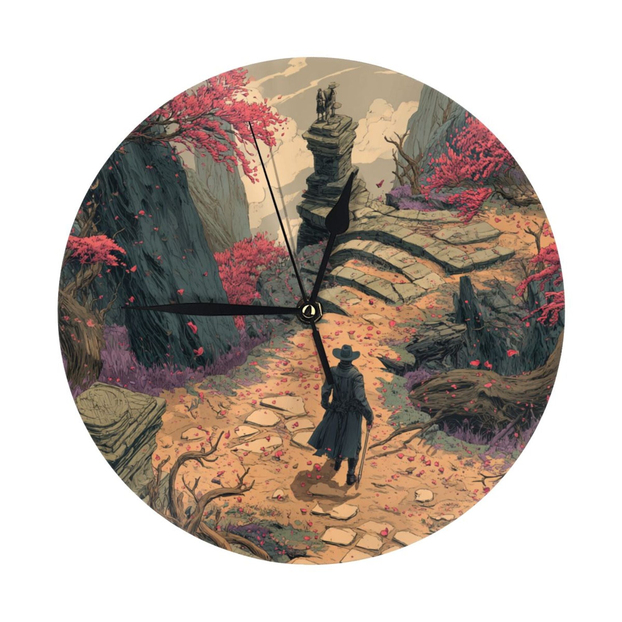 "Lone Traveler" Creative Round Clock | Fantasy Illustration Style, Take a Walk Down a Serene Mountain Path