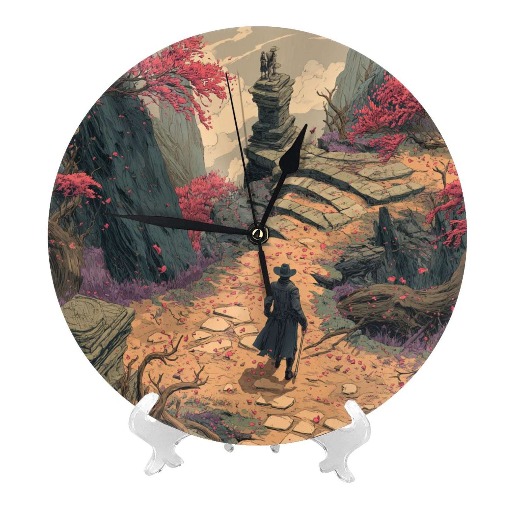 "Lone Traveler" Creative Round Clock | Fantasy Illustration Style, Take a Walk Down a Serene Mountain Path