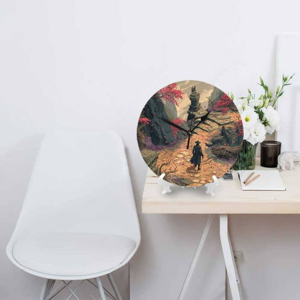 "Lone Traveler" Creative Round Clock | Fantasy Illustration Style, Take a Walk Down a Serene Mountain Path