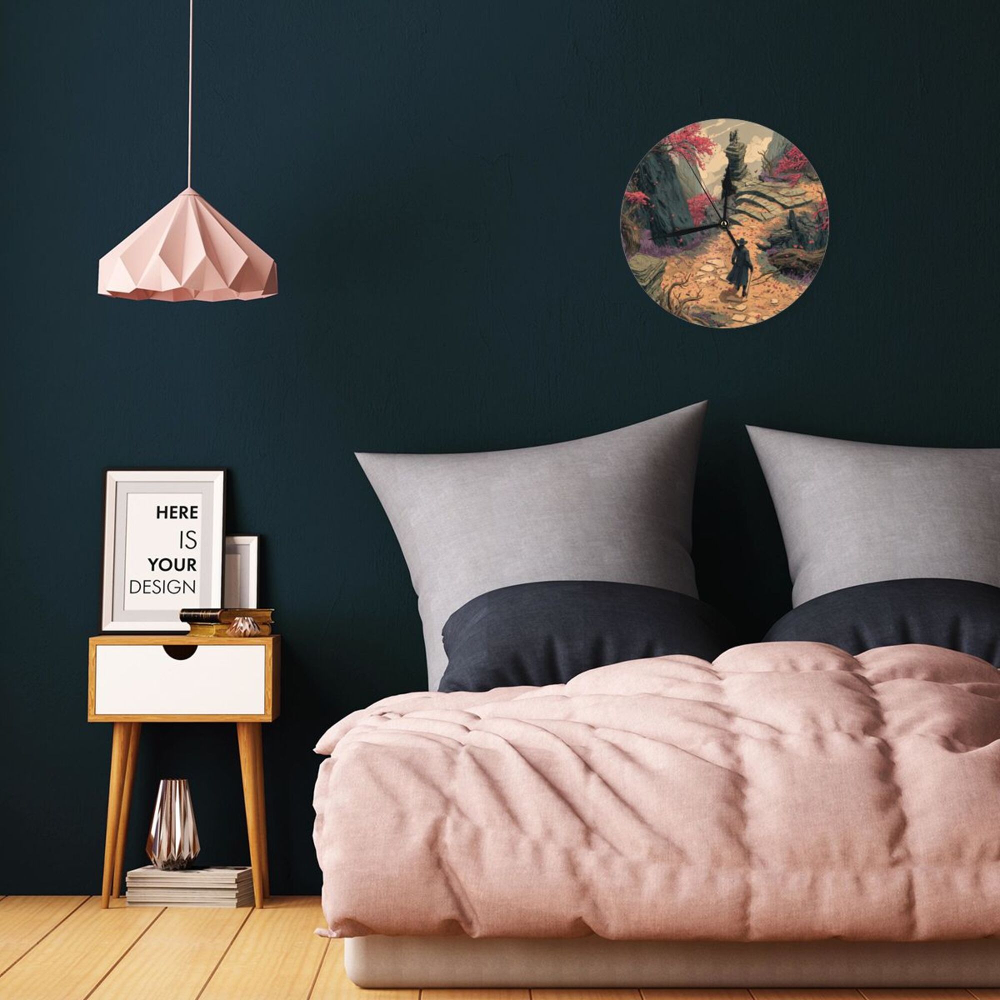 "Lone Traveler" Creative Round Clock | Fantasy Illustration Style, Take a Walk Down a Serene Mountain Path
